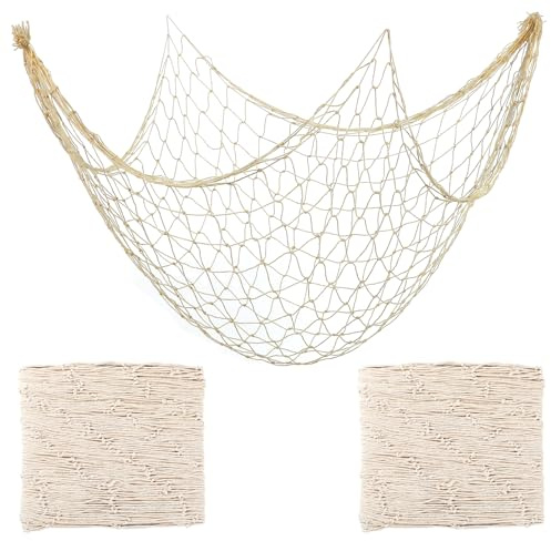 Quilax 2 Pcs Fish Net Decorations, 2×1 M Cotton Fishing Net Decor | Hawaiian Nautical Themed Fish Netting Decor for Bedroom, Bathroom Hanging and Party Decoration