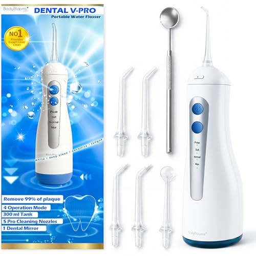 Idropulsore Dentale Portatile DENTAL V-PRO da 300ml. Idropulsore denti,alta pressione con 5 ugelli +1 specchio per pulizia denti profonda. Water flosser Impermeabile. Irrigatore Orale pulizia profonda