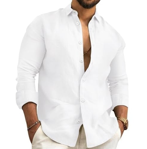 Litthing Chemise Lin Homme Coton Manches Longues Chemises Été à col Rabattu | Couleur Unie, Régulière Décontractée, Boutonnées, Leger Vetement Respirant Casual de Plage