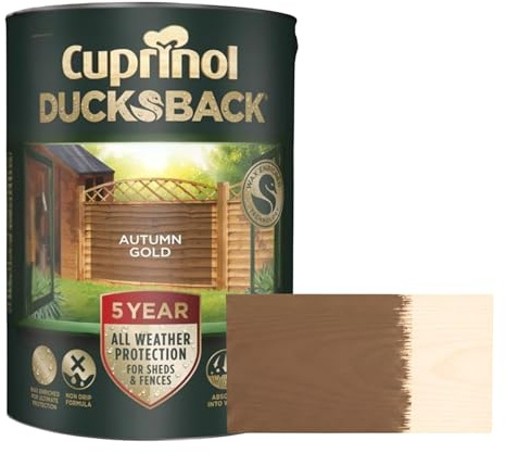 Aruuj 5L Ducksback Paint Autumn Gold, Fence Paint Extends Timber Life, Water Repellent Wood Treatment, Painting Shades Protects Against UV, Rain & Frost, Fast Drying Low Odour