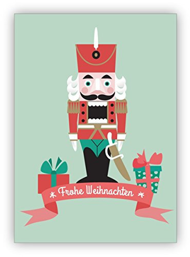 4 Stück im Set: Fröhliche Weihnachtskarte mit Nussknacker und Geschenken: Frohe Weihnachten • Klappkarten Set mit Umschlägen als liebevoller Weihnachts Gruss für Familie und Freunde