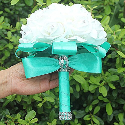 Zinsale Artificiale PE Bouquet da Sposa Cristallo Perla Rose di Seta Bouquet da Sposa Damigella d'Onore per la Festa della Festa Nuziale (Azzurro, Confezione da 1)