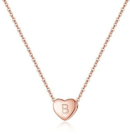 Clearine 925 Sterling Silver Tiny Initial Heart Necklace for Women Pendant Choker Necklace for Girls Letter B 14K Rose-Gold-Toned