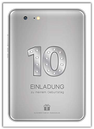 12 Einladungskarten zum 10. Kindergeburtstag Mädchen Jungen Tablet/Einladungen zum zehnte Geburtstag