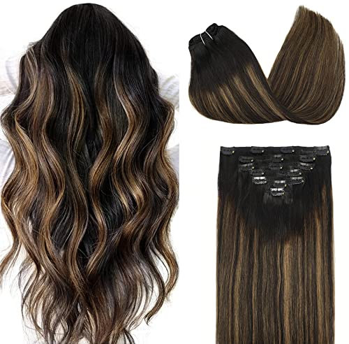 DOORES Haarverlängerungen Clip in Extensions Eechthaar, Balayage Natürliches Schwarz bis Chestnut Braun 40cm 16 Zoll 7 Stück 120g Remy Haarverlängerung Echthaar Natürliche Eechthaar Extensions