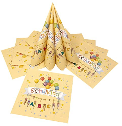 Oblique Unique® 20 Servietten für Schuleinführung Schulanfang Einschulung Deko für Jungs Mädchen mit Schulkind ABC Zuckertüten Luftballons Motiv Gelb
