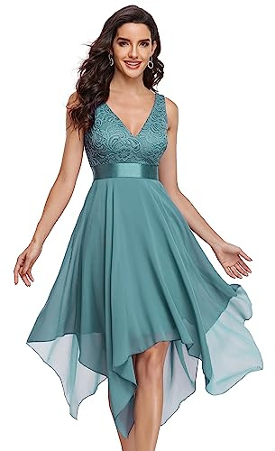 Ever-Pretty Women's Sleeveless V Neck Empire Waist A Line Lace Chiffon Midi Prom Evening Dresses with Asymmetry Hem Dusty Blue 8UK