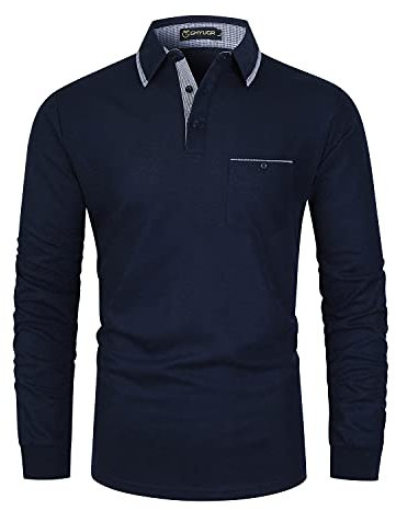 GHYUGR Men's Polo Shirt Long Sleeve Plaid Splice Collar Golf Tennis T-Shirt,Blue 3,M