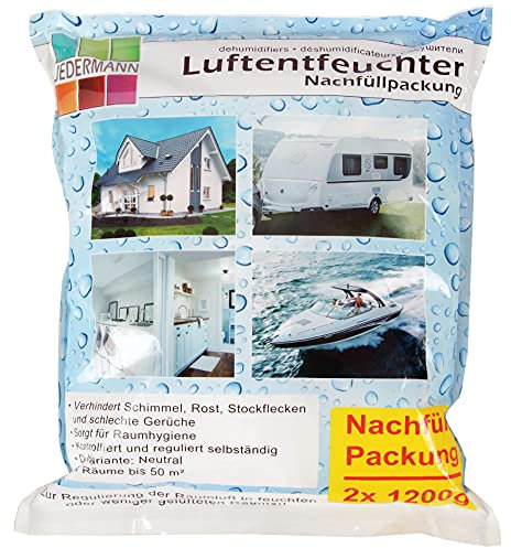 Luftentfeuchter Nachfüll Granulat (2x 1200g), bis 50m² Raumgröße / 2.500ml Flüssigkeit aufnahmefähig