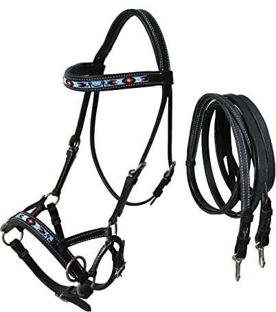 CHALLENGER Horse Western 77RT23BK-F Zaumzeug aus Leder, gebisslos, mit Perlen besetzt, Schwarz