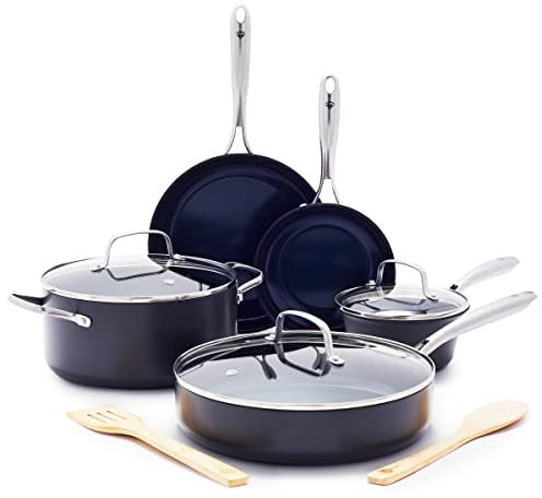 Blue Diamond Cookware Harteloxierte Keramik-Antihaftbeschichtung, 10-teiliges Kochgeschirr-Set mit Töpfen und Pfannen, ungiftig, PFAS- und PFOA-frei, spülmaschinen- und ofenfest, langlebig