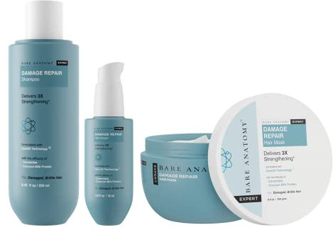 Bare Anatomy Damage Repair Shampoo and Hair Mask and Serum Kit | Repairs Damaged Weak & Dry Hair | Sulphate & Paraben Free | Women & Men | (8.4 oz + 8.4 oz + 1.6 oz)