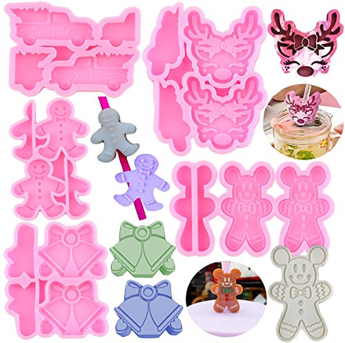 MIYAHOUSE Christmas Straw Topper Mold - Gingerbread Deer Snowman Silicone Truck Resin for DIY Craft Making - Set of 5