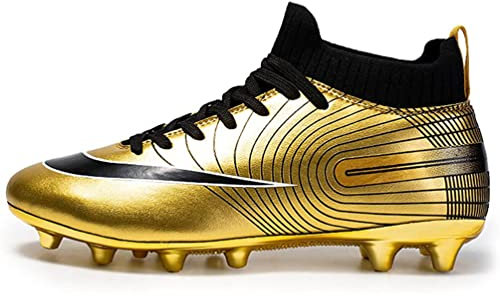 Kmrlofiy Fußballschuhe Herren High Top Spike Cleats Fussballschuhe Kinder Professionelle Outdoor Athletics Fußballschuhe Schnürsenkel Junge Trainingsschuhe Sportschuhe Wettkampf (Gold, 34EU)