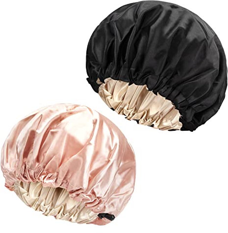 Satin Bonnet 2 Stück Nacht Schlaf Mütze Satin Schlafmütze Verstellbare Schlafkappe Elastische Weiche Kopfhaube für Damen Frauen Mädchen Spa Schönheitssalon Hauptgebrauch, Schwarz and Rosa