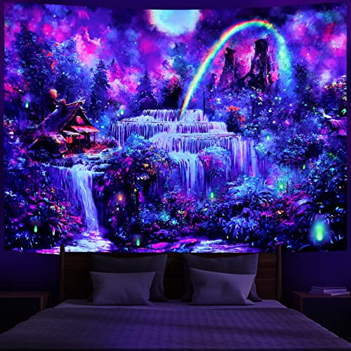 Racunbula Schwarzlicht-Fantasiewald, UV-reaktiver Wasserfall-Regenbogen-Tapisserie, neblige Dschungelpflanzen, Naturlandschaft, Wandbehang für Wohnzimmer