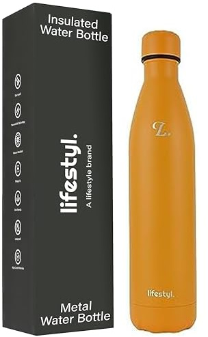 LIFESTYL. Stainless Steel Water Bottle | 24 Hrs Cold&12 Hrs Hot| Thermoshield Technology Vacuum Insulated Metal, Leak-Proof, Hike, Walks, Gym, Yoga, Cycling (Mustard Orange, 1000, Milliliters)