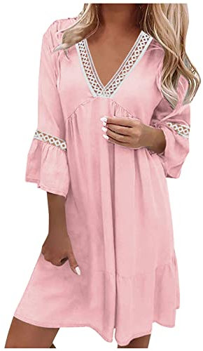 Susenstone Robes en Dentelle Femmes Fête Mariage Manches 3/4 Été Col en V Robe Mi-Longue Robes Courtes Gradient Imprimé Coupe Ample Plage Vacances Robe d'été Une Ligne Robe Évasée Swing #08 Rose