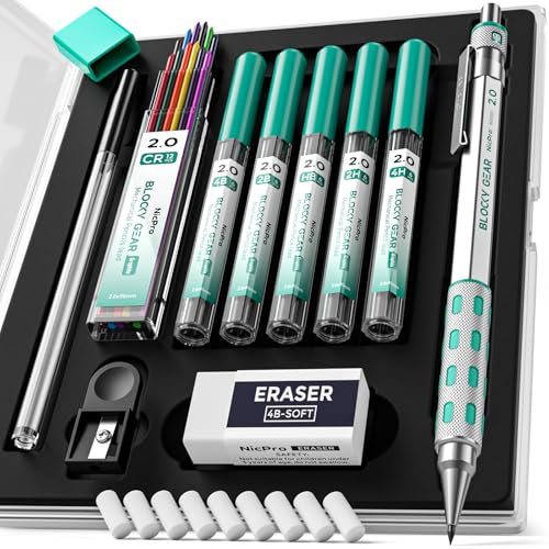 Nicpro Blocky Gear 2mm Porte mine en coffret, criterium en métal avec 6 mines de 2mm (HB 2B 2H 4B 4H & couleurs), taille-crayons, gommes pour artiste menuisier écriture dessin croquis