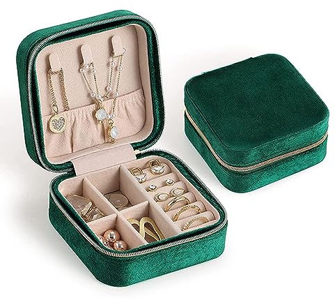 FonVan Samt Kleine Schmuckkästchen für Damen Mädchen, Kleines Reise Schmuckschatulle, Mini Schmuckbox, Mini Schmuck Organizer Aufbewahrung für Ohrringe, Ringe, Halsketten, Armbänder (Grün)