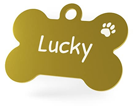 ENGRAVO Hundemarke mit Gravur in Gold 38mm | Knochen Halsbandanhänger personalisiert | Namensschild für Halsband | Anhänger Marke für Hunde, Welpen & Katzen | Dog Tag mit Wunschgravur