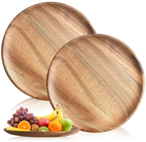 Lot de 2 Assiettes Rondes en Bois d'Acacia de 20 cm - Assiettes de Service Mini - Pour Présentation