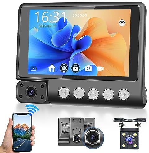 Hodozzy WiFi Dash Cam 3 Camera 1440P Full HD 4 inch Touch Screen Triple Car Recorder Night Vision Loop Recording G-Sensor Parking Monitor Dashboard Dash Camera