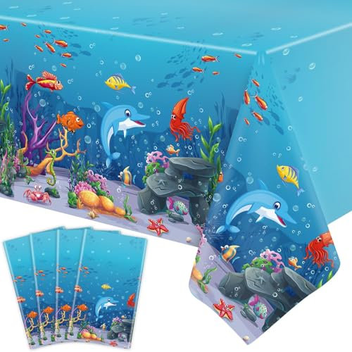 4 Stück Einweg Meerestiere Tischtuch Blau Wellenwellen Tischdecke Unterwasser Themen Tischabdeckung Wasserdicht Meerestiere Tischtuch für Kinder Meeresthema Strand Dekorationen 130 x 220 cm