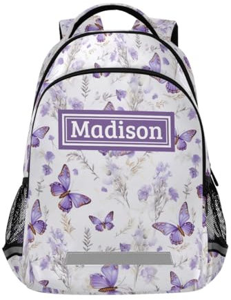 CHIFIGNO Mochila personalizada con nombre, mochila personalizada para niños, niñas, niños, mochila de viaje personalizada, Mariposa púrpura lavanda, M, Personalizado