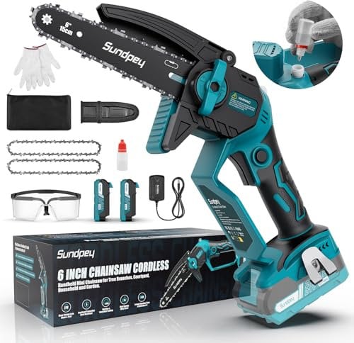 Mini Kettensäge mit Akku 6 Zoll - Sundpey 21V Mini Kettensäge Elektro mit 2 * 2000mAh Akku, Handkettensäge Akku mit Sicherheitsschloss und 850W starkem Motor für Haushalt, Garten, Hof