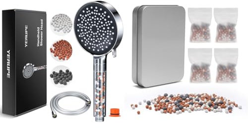 YEAUPE High Pressure Shower Head with 1.5M Hose Powerful Flow Shower Head for Low Pressure Hard & Shower Filter,4 Pack Shower Head Filter for Hard Water,Replacement Shower Water Filter