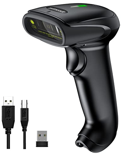 Symcode Wireless Barcode Scanner Versatile 2-in-1 (2.4Ghz Wireless+USB 2.0 Wired) Handheld Automatic 1D Laser Barcode Scanner 328 Feet Transmission Distance Rechargeable 1D Laser Bar Code Scanner