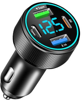 66W USB-C Car Charger, 4 Port Metal Car Phone Charger Adapter with QC3.0 & PD30W Fast Charging, Cigarette Lighter USB Socket with LED Voltmeter for iPhone 15 14 13 Pro Max/Pro, Samsung S24/23/22