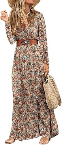 MessBebe Femmes bohème imprimé Robe Longue col en V Manches Longues Haute Ceinture Automne Robe d'été Brun L