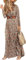 MessBebe Femmes bohème imprimé Robe Longue col en V Manches Longues Haute Ceinture Automne Robe d'été Brun L