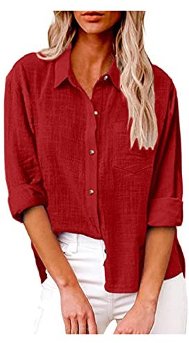 Leinen Tshirt Damen,Lange Bluse Damen,Damen Leinenhemd Elegantes Sommer Langarm Hemd Top Revers Elegantes Hemd Bluse Hemd Top Einfarbig Basic Top,Rot,M
