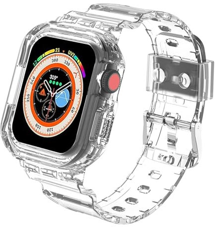 Remplacé Bracelet Compatible avec Bracelet Apple Watch 40mm 41mm 44mm 45mm 49mm, Transparent Robuste Bracelets et Cover pour iWatch Ultra 2 Ultra Series 9 8 7 6 5 4 SE (44/45MM, Transparent)