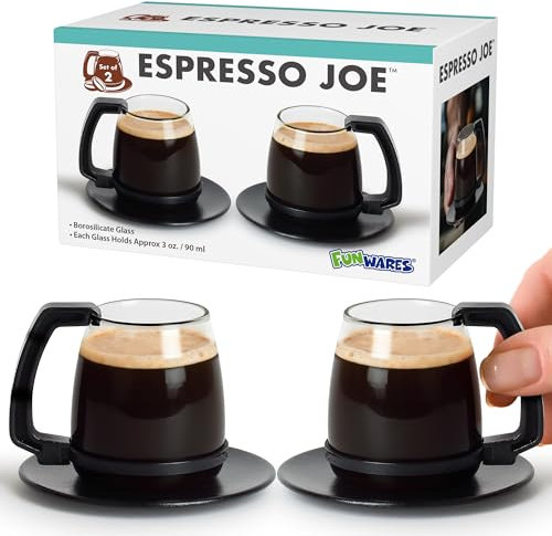 Funwares Unique Coffee Mug, Perfect Gag Gift, Funny Cool Big Coffee Mug for Men and Women! Espresso Joe, 3 oz Espresso Cups with Retro Coasters, Set of 2