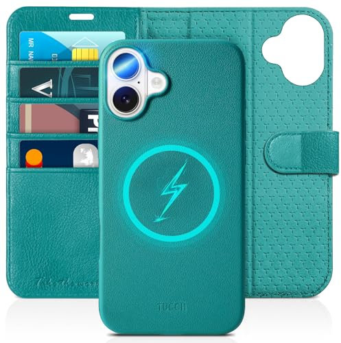 TUCCH Wallet Case for iPhone 16 (6.1) 2024, 2 in 1 Detachable Stand Folio Case with[RFID Blocking][Wireless Charging][Card Holders] Removable Magnetic PU Leather Shockproof Flip Cover, Full Cyan