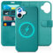 TUCCH Hülle für iPhone 16 Lederhülle Handyhülle Klapphülle Case Cover mit Kabelloses Laden abnehmbare magnetische Kartenfach [RFID Blocker] Kompatibel mit iPhone 16, voll Texturiert Cyan