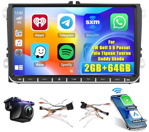 Hikity 2GB+64GB Android 15 Autoradio Wireless CarPlay Android Auto per VW Golf 5 6 Passat Polo Tiguan Touran Caddy Skoda Radio 9 Pollici Touchscreen Auto Radio con Navi WiFi GPS EQ SWC FM RDS