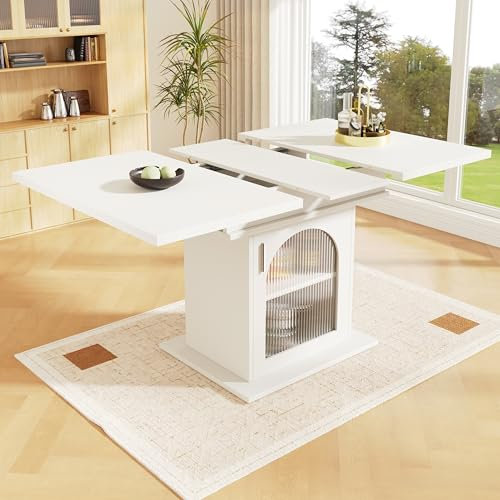 DRIXNO Esstisch Teleskoptisch(110-140×80cm), Ausziehbarer Esstisch mit Ablagefläche, Platzsparender Küchentisch, Ablageebenen, für Küche und Wohnzimmer, Weiß