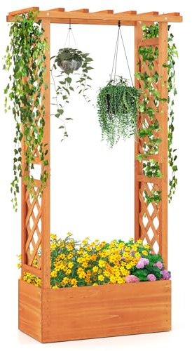 GOPLUS Hochbeet mit Rankgitter, Blumenkasten mit hängendem Dach & Ablauflöchern, Pflanzkasten Rankhilfe Pflanzkübel für Garten, Terrasse, Hof (Orange, 78 x 36 x 152 cm)