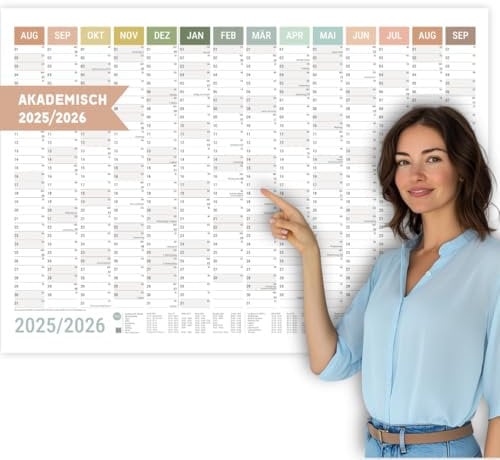 heaven+paper Schuljahresplaner 2025/2026 A1 Wandkalender Semesterplaner Boho gefaltet 14 Monaten Kalender 2025 2026 Wandplaner im Querformat mit Feiertagen, Schulferien (Natural, Querformat)