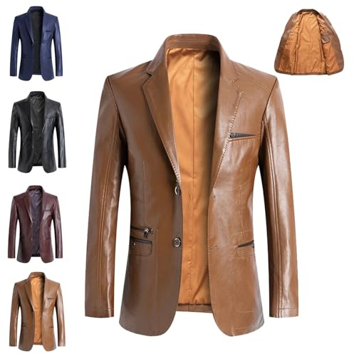 WINDEHAO Giacca da uomo in vera pelle di agnello casual con risvolto a 2 bottoni, giacca da lavoro sottile, giacca da motociclista intelligente, Marrone, XL