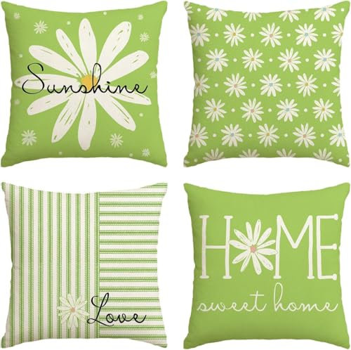Hopomoon Juego de 4 fundas de almohada de 40 x 40 cm, diseño floral de crisantemo verde para decoración de sofá y asiento de coche