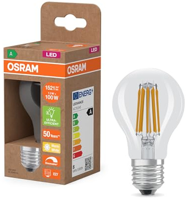 OSRAM Lampadina LED Classic A100 Filament, 7,2 W, E27, trasparente, 1521 lm, alta luminosità, adatta per apparecchi di illuminazione di grandi dimensioni, illuminazione di aree