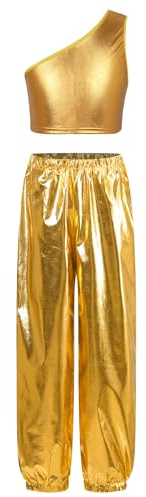 MSemis Completi Sportivi da Danza Moderna Jazz Hip Hop Bambine Ragazze Tute da Ginnastica Ballo di Strada Crop Top Monospalla Paillettes Canotte + Pantaloni con Cintura