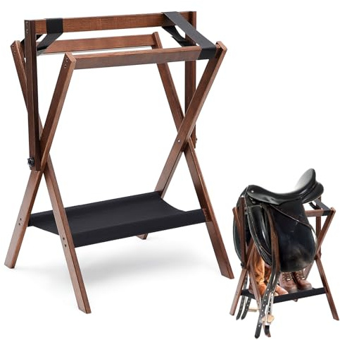 Leinuosen 1 Pack Pine Wood Saddle Rack Portable Folding Horse Saddle Stand 20 L x 17 W x 30 H Storage Pad Rack Blanket Display Holder for English Western Horse Gear Tack Organizers (Vintage Brown)