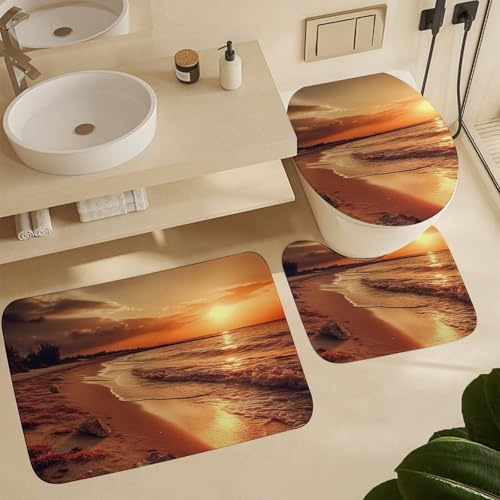 rutschfeste 3 Badteppich Set Steine Am Meer Bad Duschmatten Waschbar Weiche Badgarnitur Badematten, Für Wohnzimmer, Spa, Badewanne